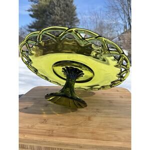1950s Pitman Dreitzer Colony Lace Glass Cake Plate Stand Olive Green 13.75"